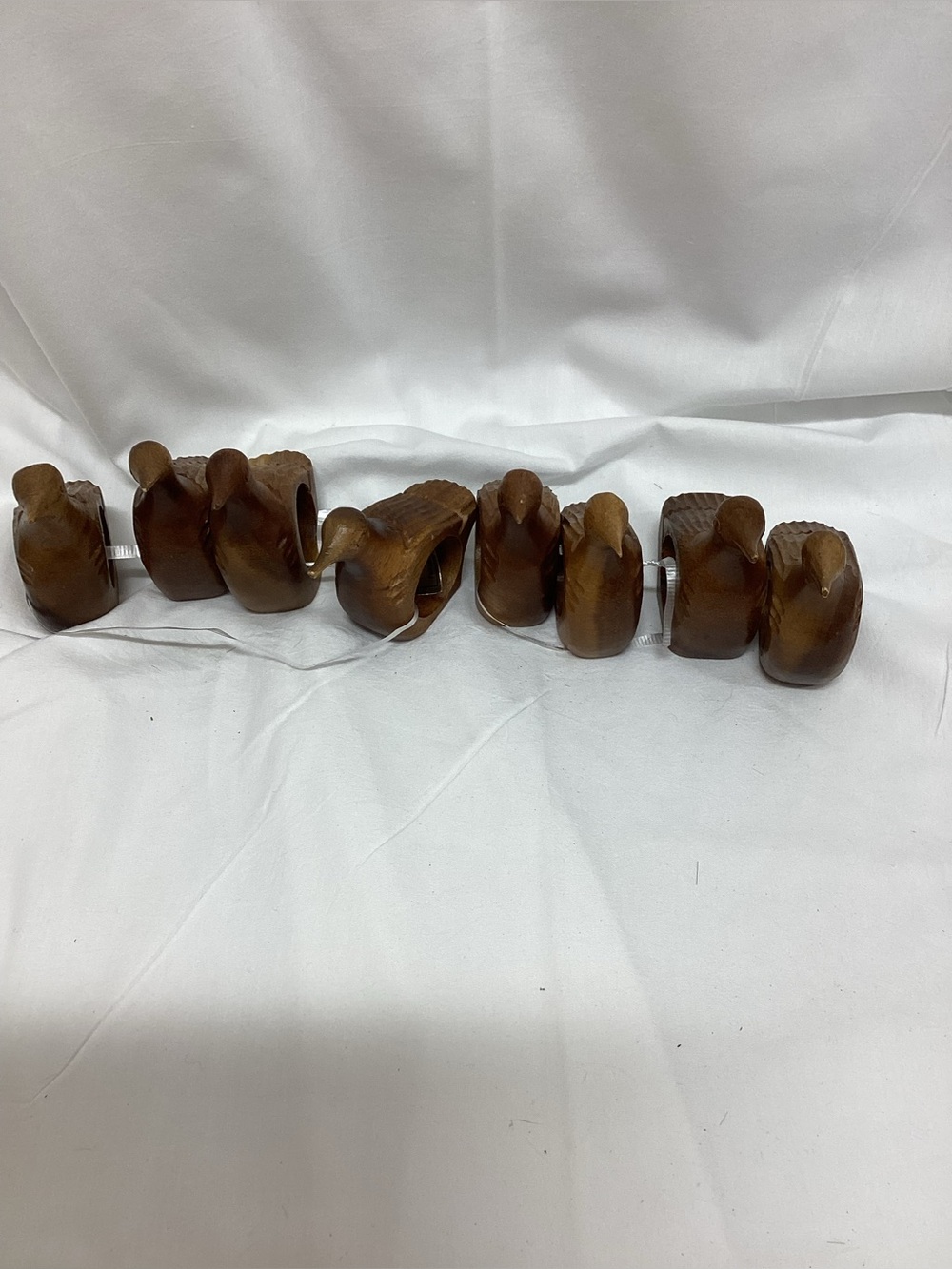Hand Carved Wooden Bird Napkin Rings - Set of 8 - Brown